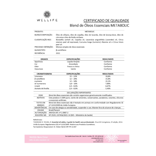 Certificado de qualidade Blend Metabolic Wellife