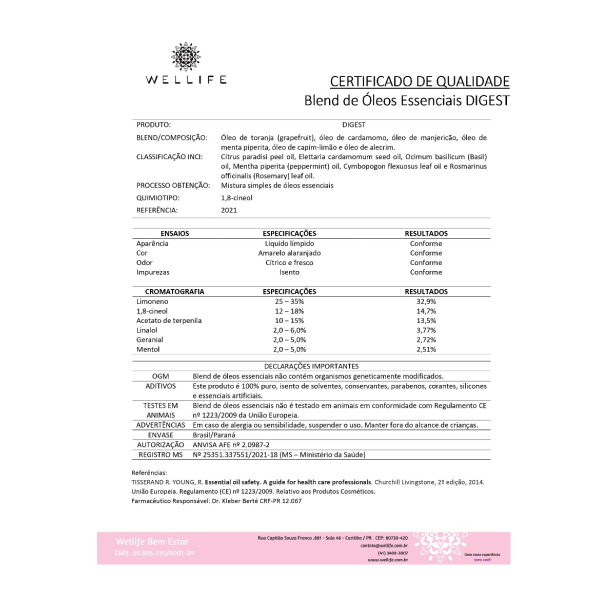 Certificado de Qualidade - Cromatografia Blend Óleos Essenciais Digest