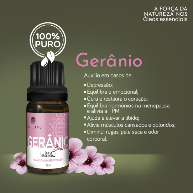 Óleo de Gerânio - Óleo Essencial 100% puro Gerâno Bourbon Wellife