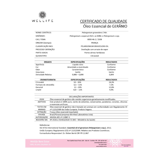 Óleo Essencial Gerânio Bourbon Wellife - Cromatografia