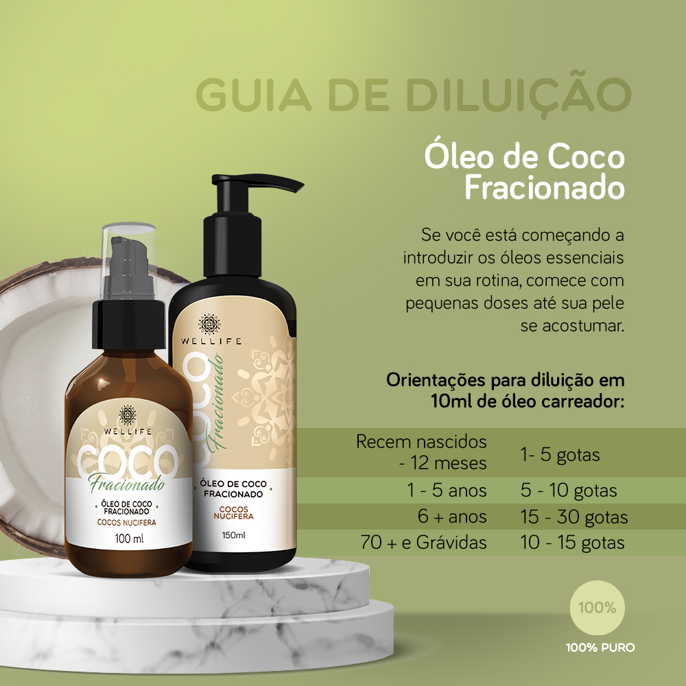 Óleo de massagem: guia de diluição com Wellife Óleo de Coco Fracionado (100 ml e 150 ml), carreador neutro para diluir óleos essenciais.
