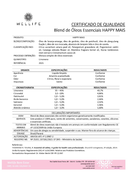 Wellife Oleo Essencial Blend Happy Mais - Validade 10/24